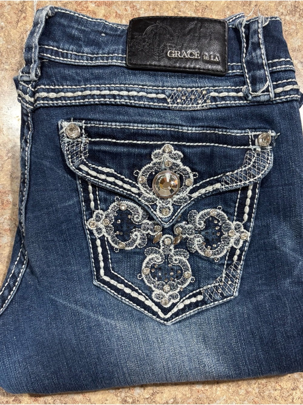 Grace in LA Dark Blue Embellished Boot Cut Jeans